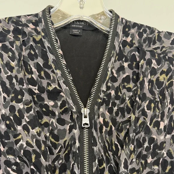 All Saints Black and Gray Flowing Animal Print Zip Midi Tie Dress - Picture 3 of 7